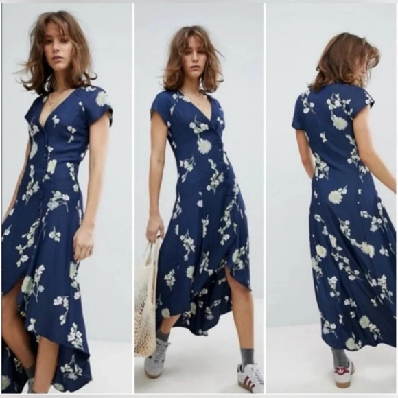 Free People NWT Lost In You Floral High Low Midi Wrap Button Down Blue Size XS - Picture 1 of 13